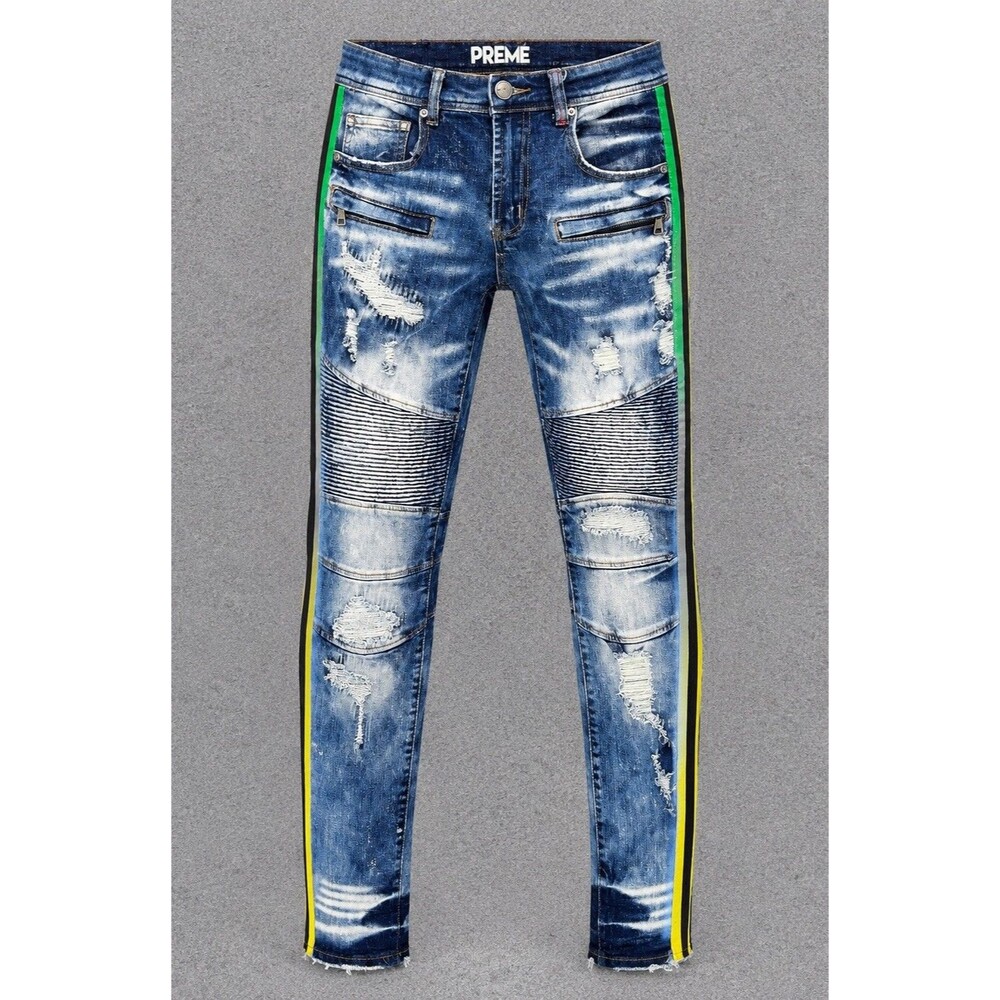 PREME Men’s Moto Biker Jeans 30x32 Distressed Stretch Denim Side Stripe Skinny